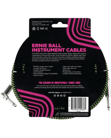 Ernie Ball - Câble instrument Jack/jack coudé - 5,5m noir et vert