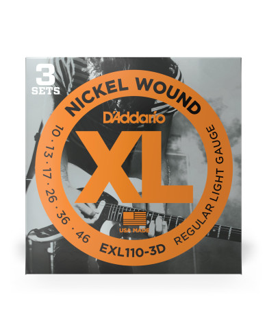 D'Addario Cordes nickel pour guitare électrique D'Addario EXL110-3D, Regular Light, 10-46, 3 Jeux