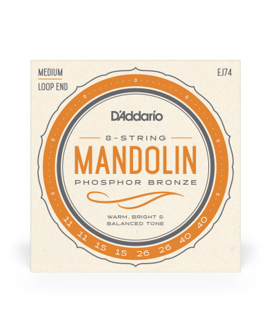 D'Addario Cordes pour mandoline D'Addario J74, bronze phosphoreux, Medium, 11-40