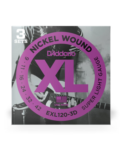 D'Addario - Cordes en nickel pour guitare électrique D'Addario EXL120-3D, Super Light, 9-42, 3 Jeux