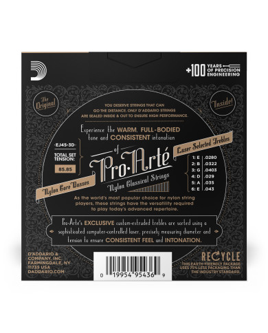 D'Addario - Cordes en nylon pour guitare classique D'Addario Pro-Arte EJ45-3D, Normal, 3 jeux