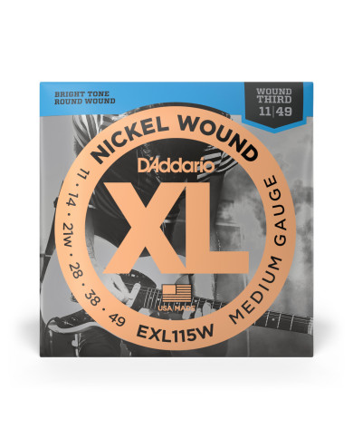 D'Addario Cordes en nickel pour guitare électrique D'Addario EXL115, Medium/Blues-Jazz Rock, 3ème corde avec filet, 11-49