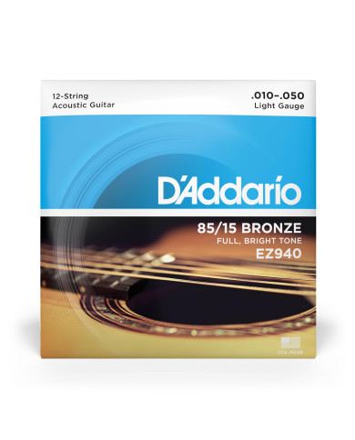 D'Addario Cordes en bronze pour guitare acoustique 12 cordes D'Addario EZ940, 85/15, Light, 10-47