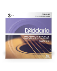 D'Addario Cordes en Bronze Phosphoreux pour Guitare Acoustique avec Revêtement D'Addario EJ26-3D Custom Light 11-52 3-Jeux