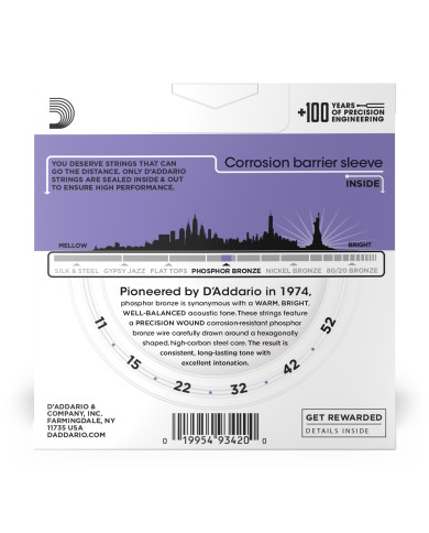 D'Addario Cordes en Bronze Phosphoreux pour Guitare Acoustique avec Revêtement D'Addario EJ26-3D Custom Light 11-52 3-Jeux