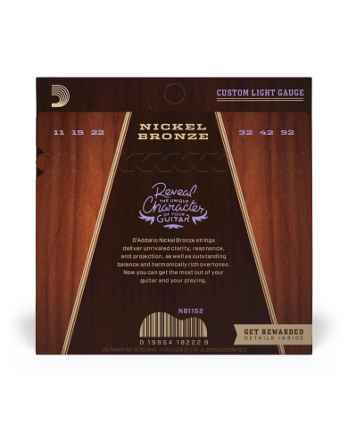 Cordes pour guitare acoustique D'Addario NB1152 nickel bronze, Custom Light, 11-52