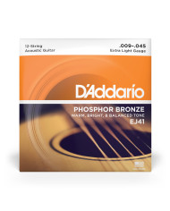 D'Addario Cordes en bronze phosphoreux pour guitare acoustique 12 cordes D'Addario EJ41, Extra Light, 9-45